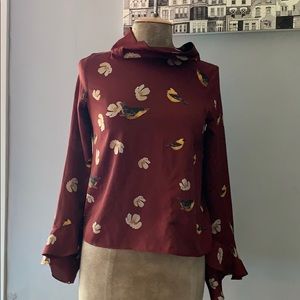 Zara bird floral burgundy blouse
